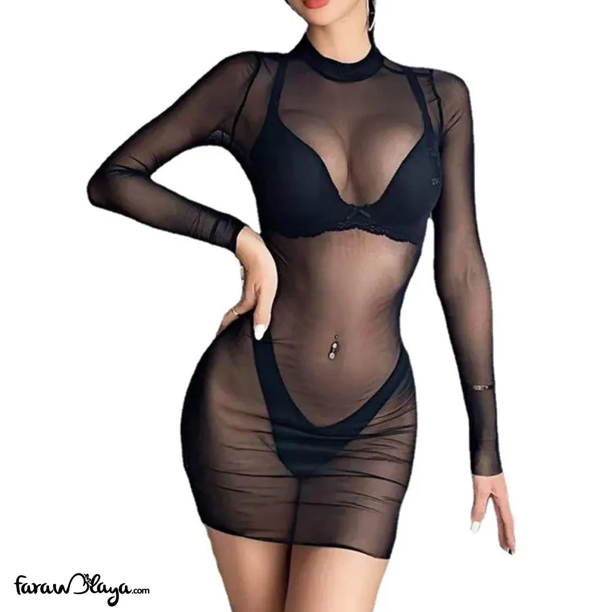 Beach Cover Women's Egyptian Black Sexy Perspective Gauze Long Sleeve Dress Egypt