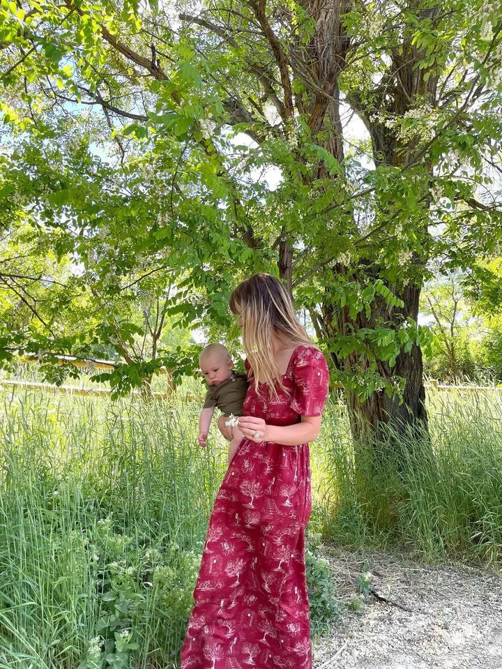 Beatrice Maxi Dress with Sweetheart Neckline / Ruby Red   Alabaster Cotton Toile