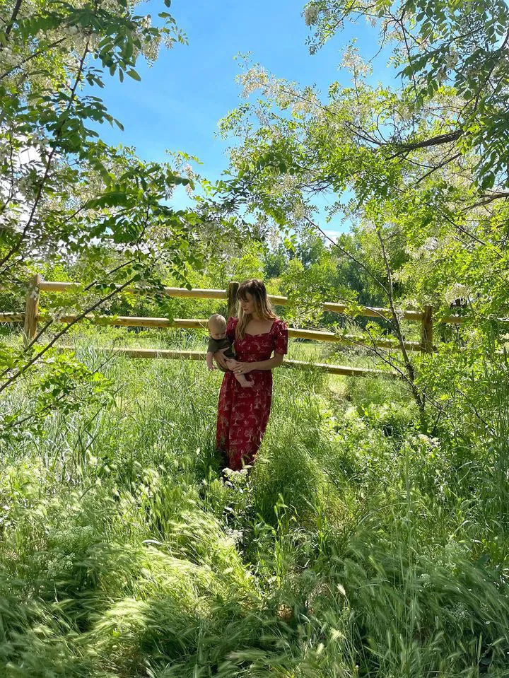 Beatrice Maxi Dress with Sweetheart Neckline / Ruby Red   Alabaster Cotton Toile