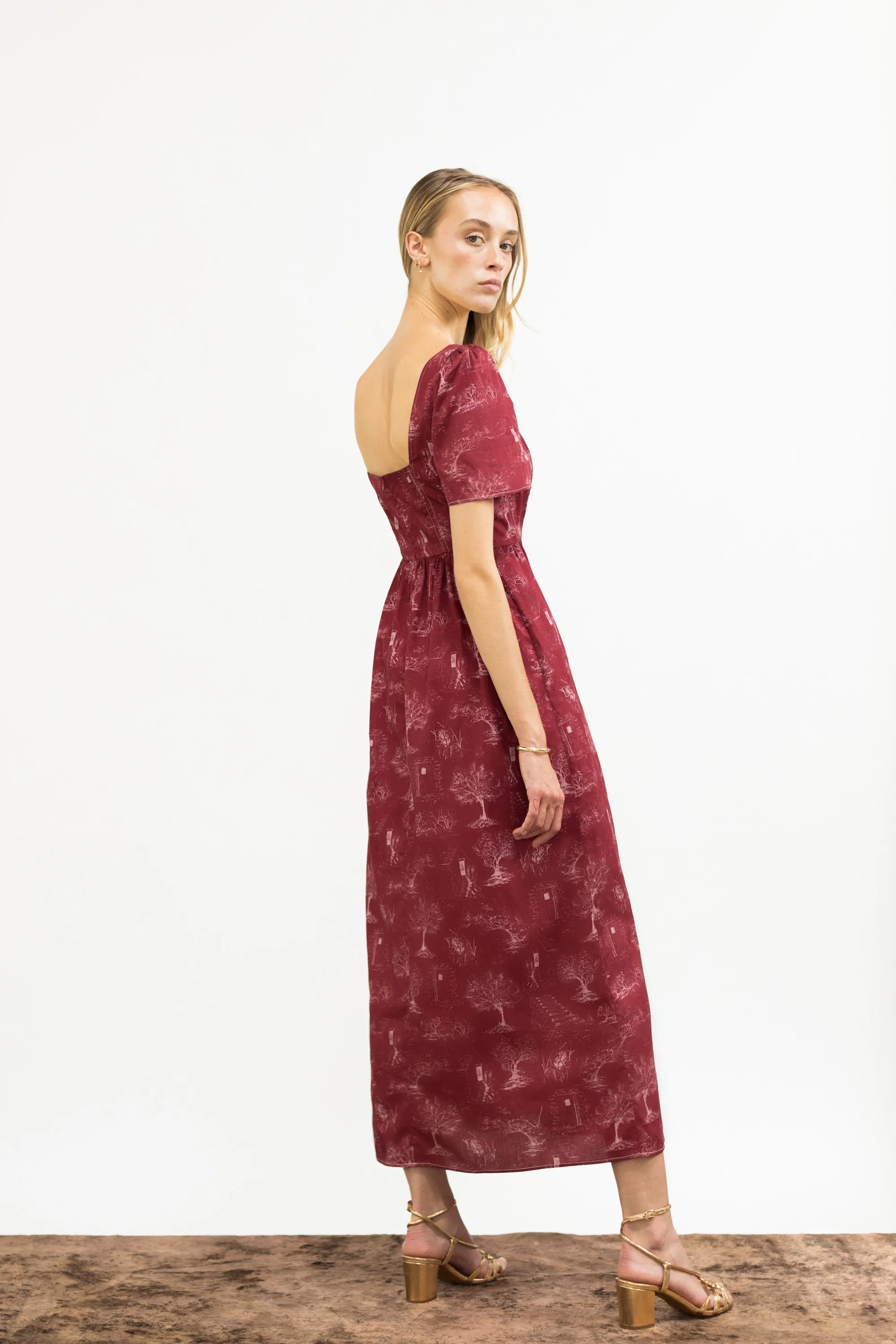 Beatrice Maxi Dress with Sweetheart Neckline / Ruby Red   Alabaster Cotton Toile