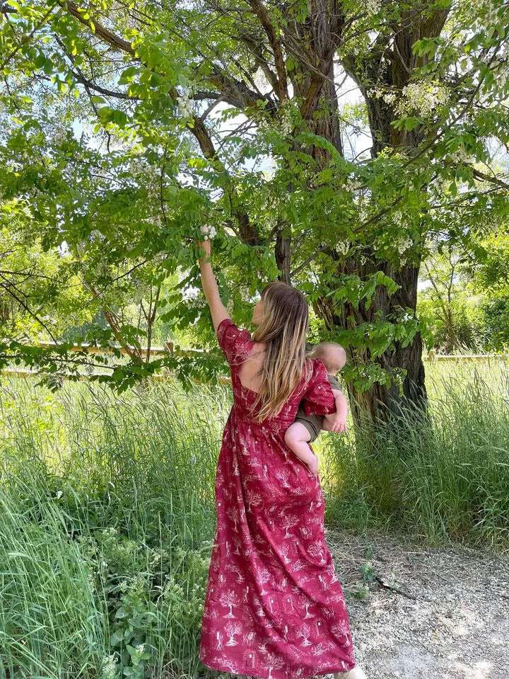 Beatrice Maxi Dress with Sweetheart Neckline / Ruby Red   Alabaster Cotton Toile
