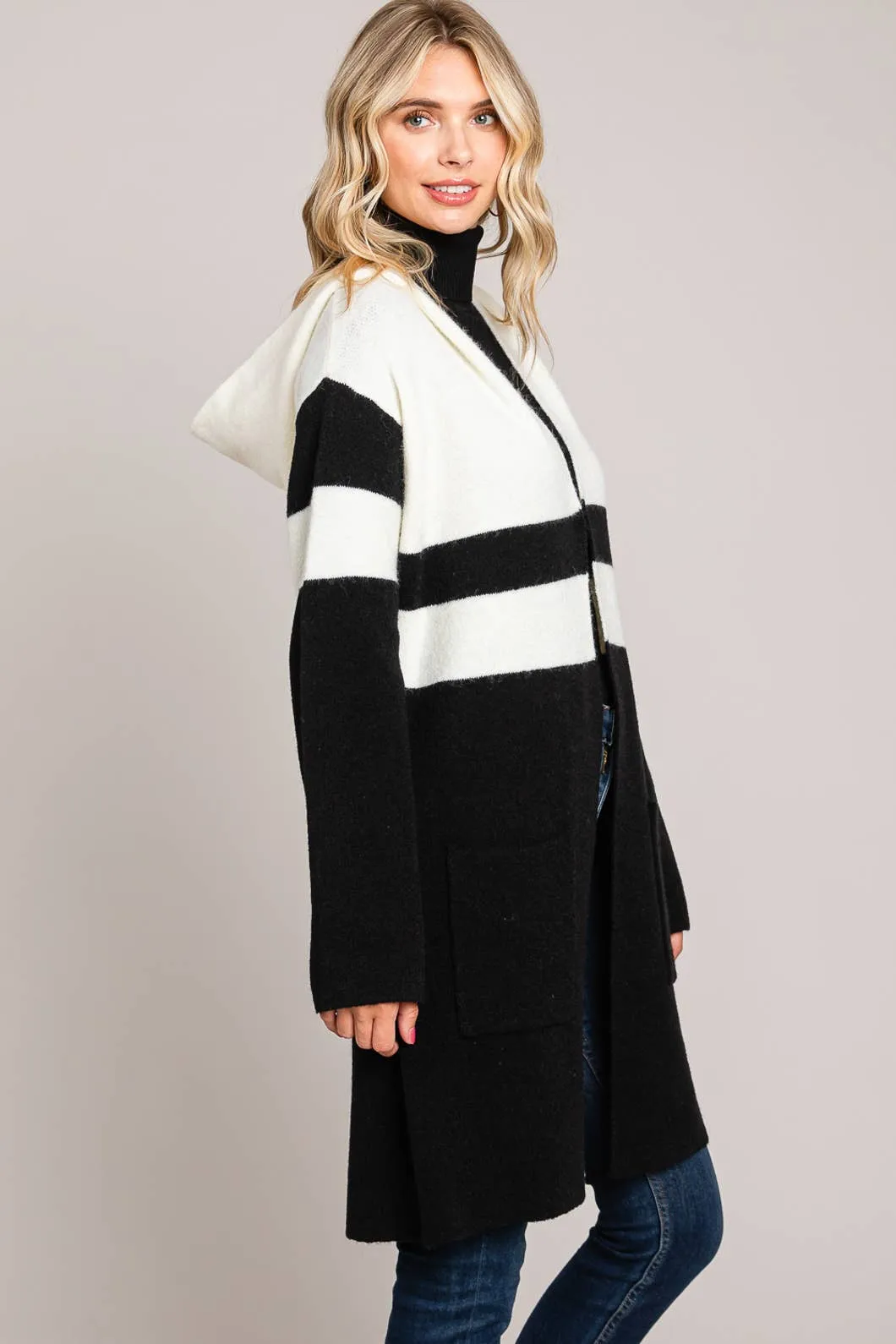 Black And White Bold Cardigan With Hood