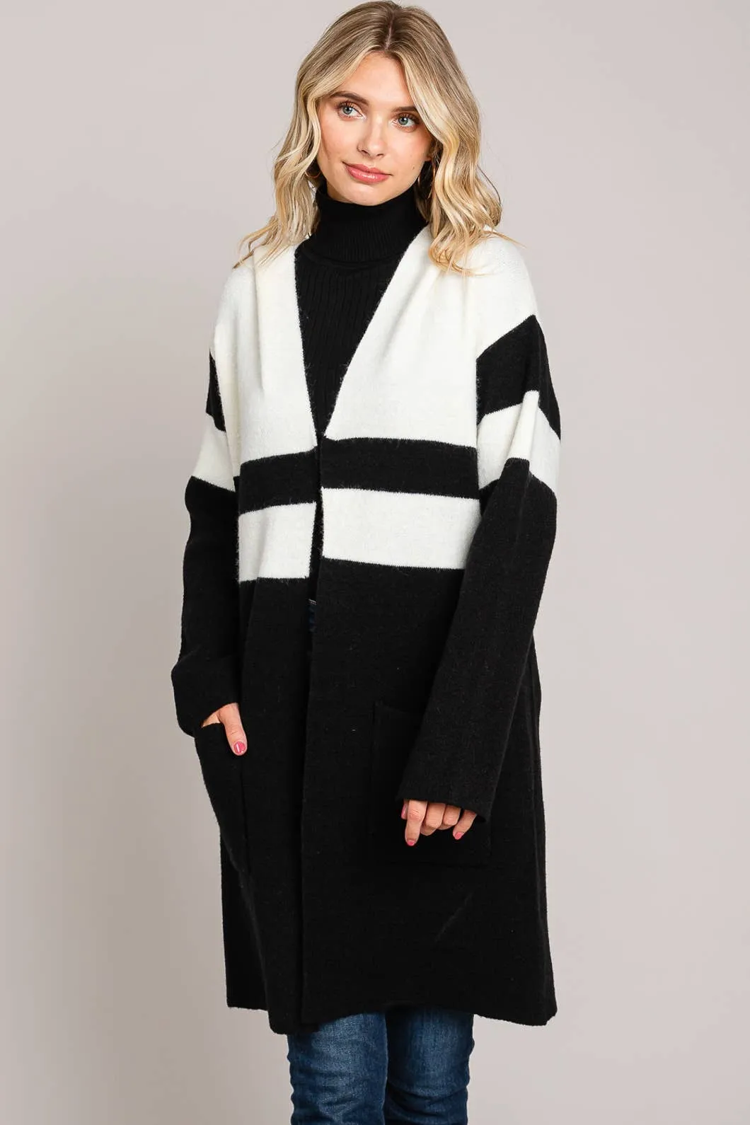 Black And White Bold Cardigan With Hood