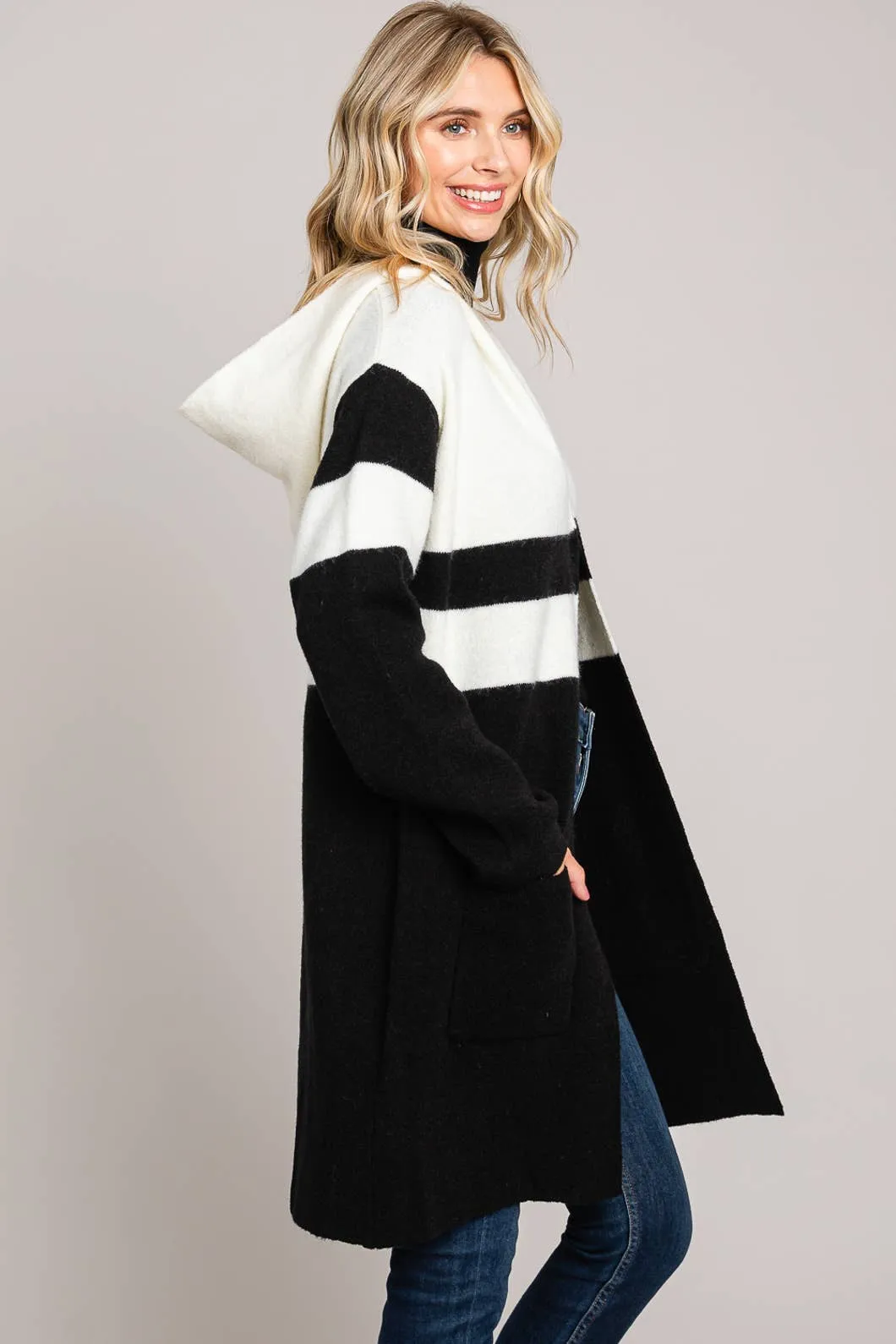 Black And White Bold Cardigan With Hood