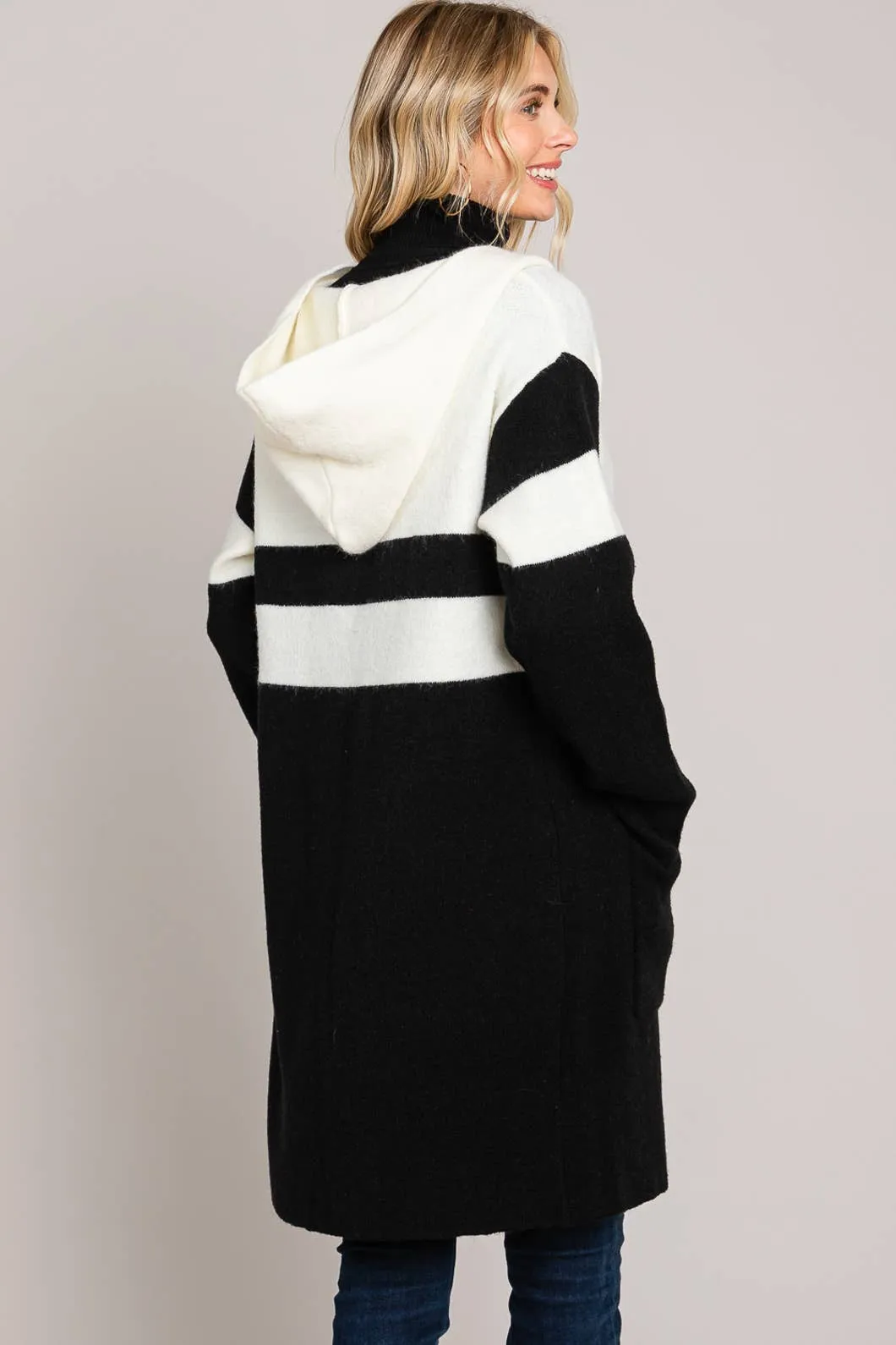 Black And White Bold Cardigan With Hood