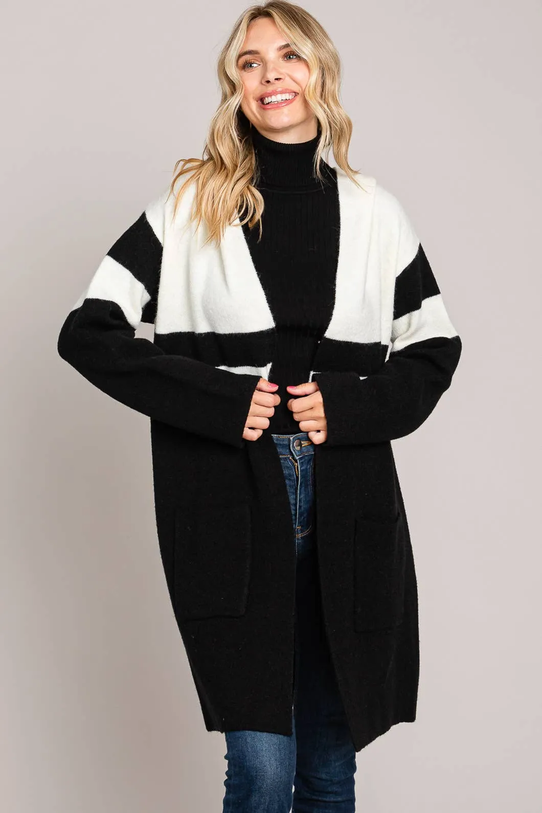 Black And White Bold Cardigan With Hood