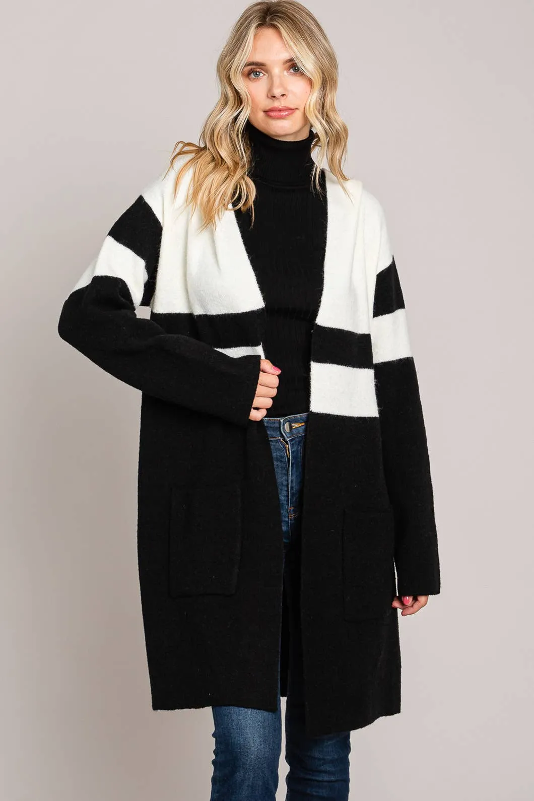 Black And White Bold Cardigan With Hood