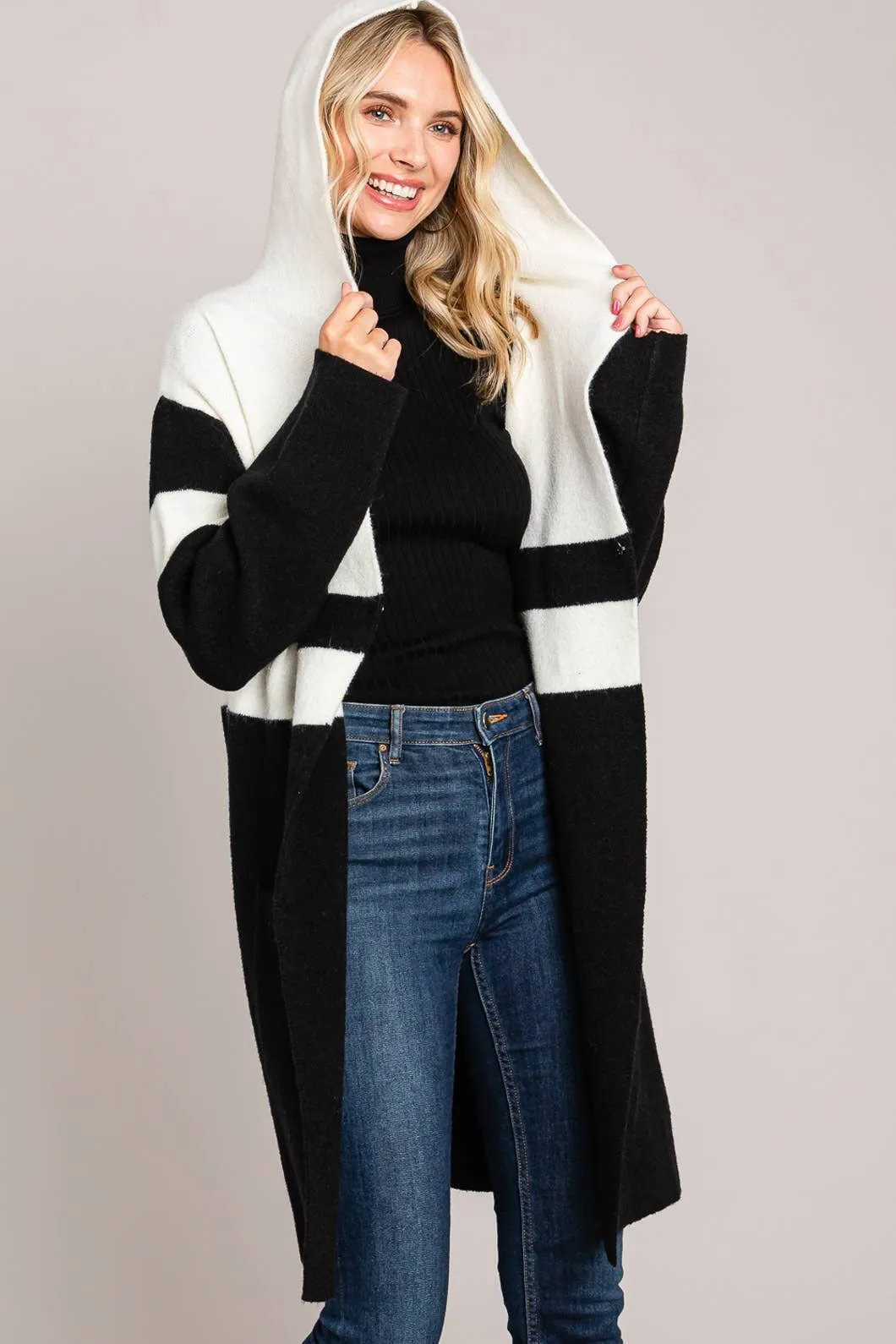 Black And White Bold Cardigan With Hood