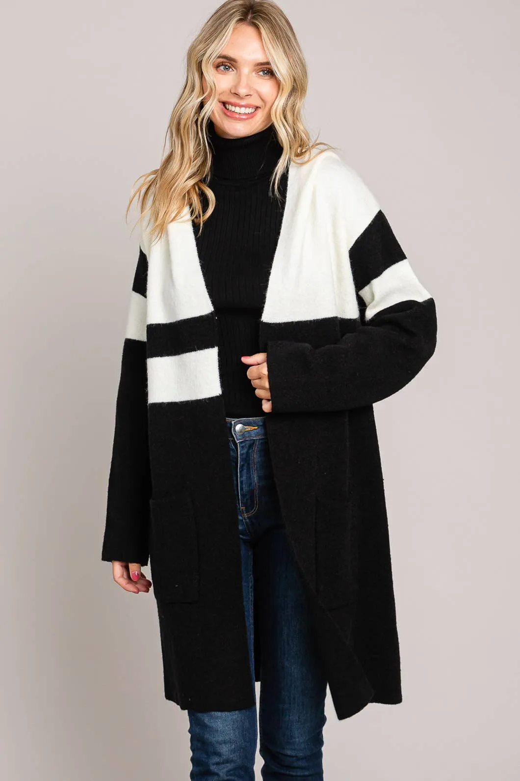 Black And White Bold Cardigan With Hood