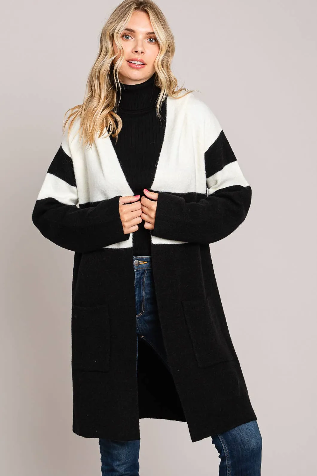 Black And White Bold Cardigan With Hood