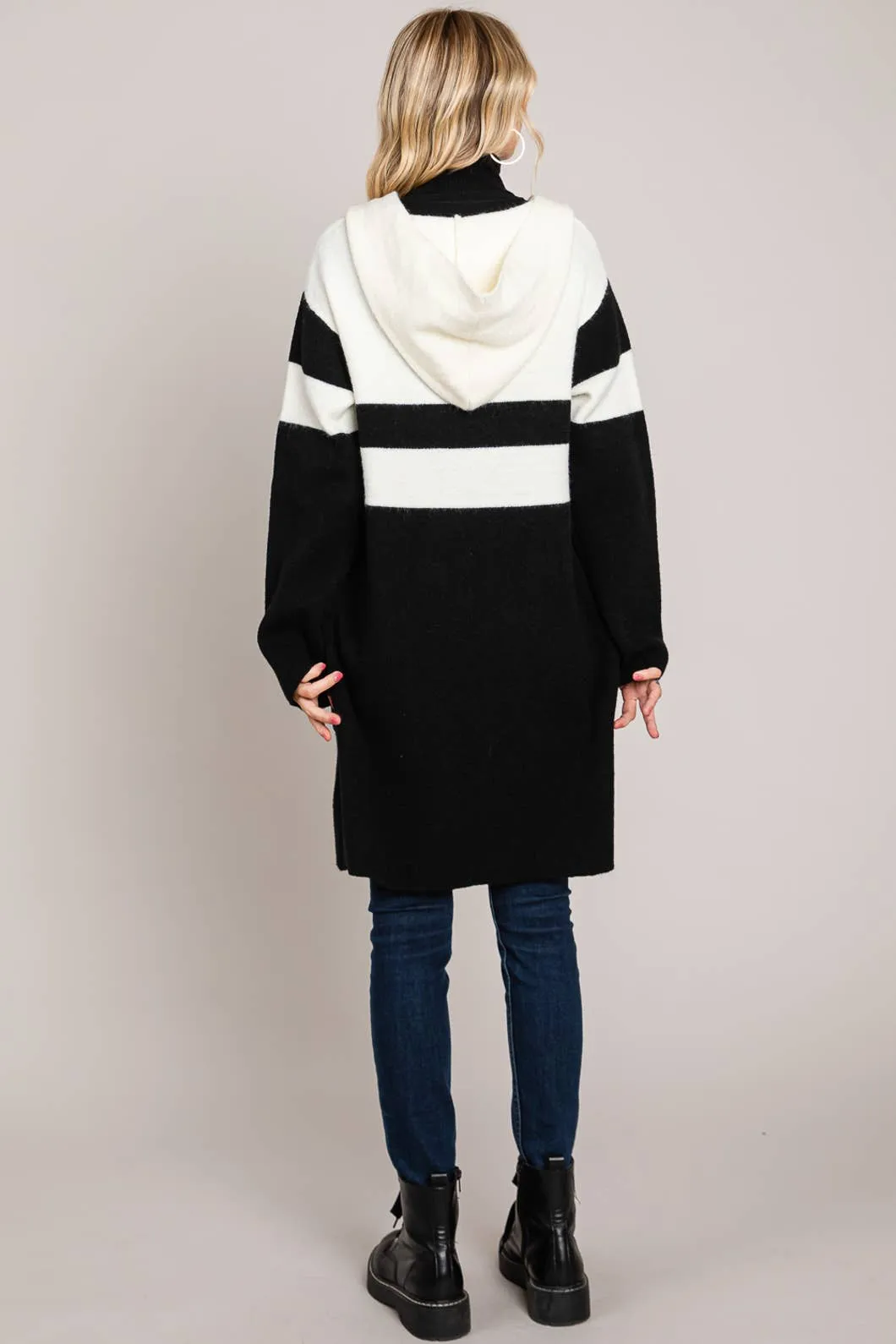 Black And White Bold Cardigan With Hood