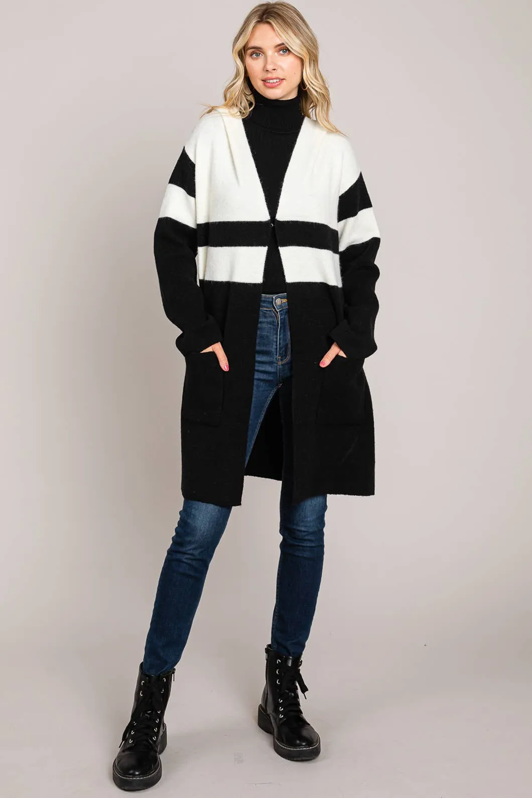 Black And White Bold Cardigan With Hood