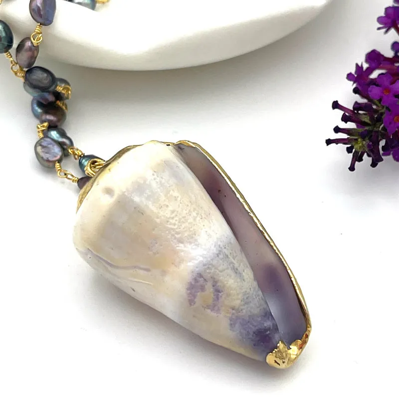 Black Freshwater Pearl with Lavender Seashell Pendant Necklace