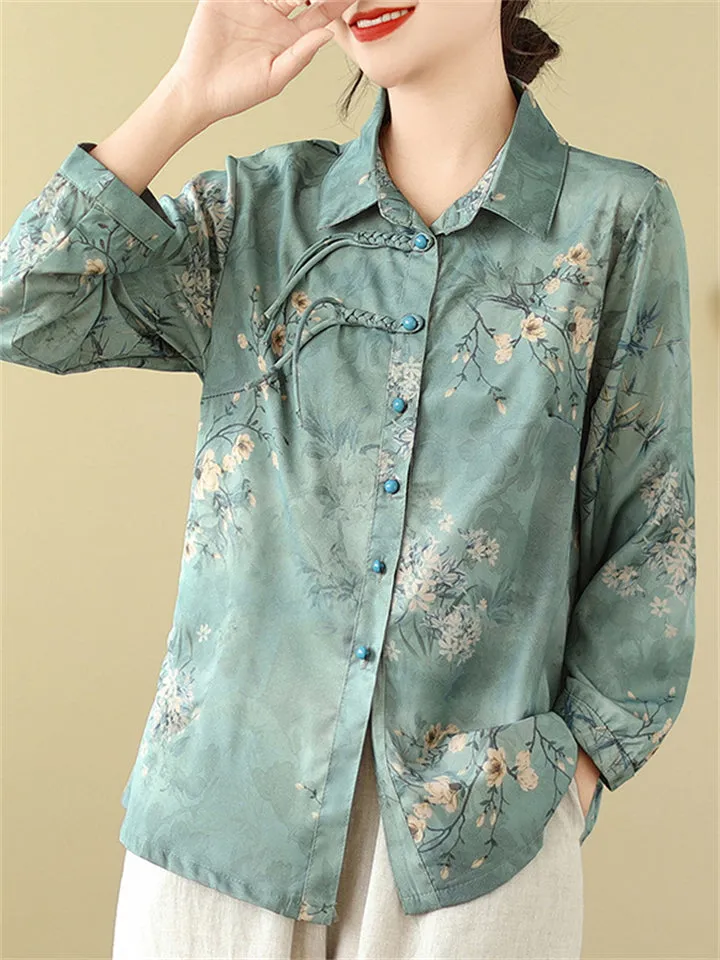 Blooming Flowers Print Women's Chinese Style Lapel Shirts