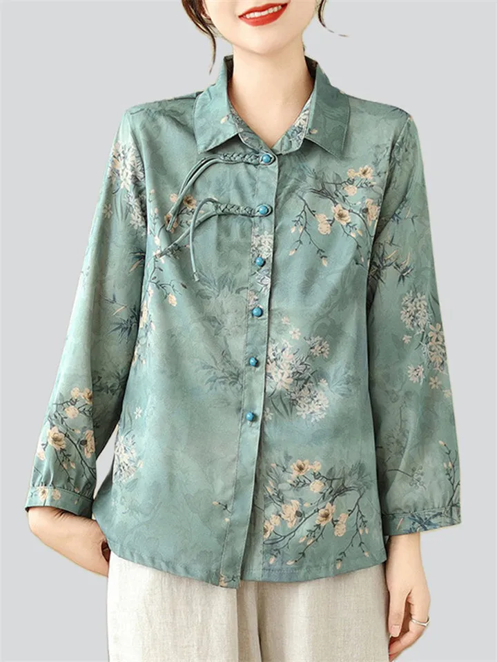 Blooming Flowers Print Women's Chinese Style Lapel Shirts