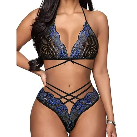 Blue &amp; Black Sexy 2 Piece Crisscross Lace Bra and Panty Lingerie Nightwear Set