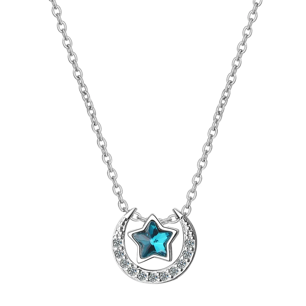 Blue Crystal & Cubic Zirconia Star Above Moon Pendant Necklace