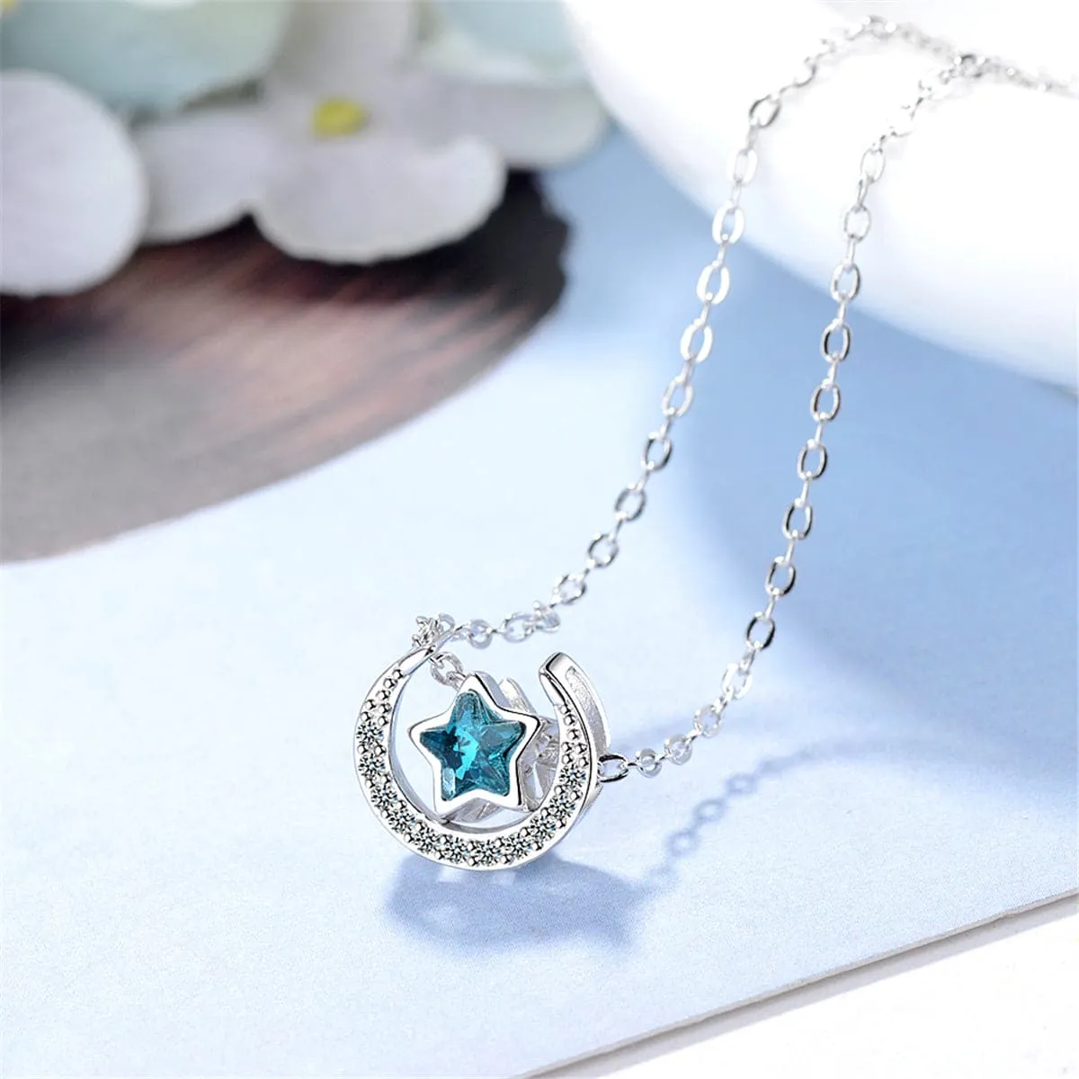 Blue Crystal & Cubic Zirconia Star Above Moon Pendant Necklace