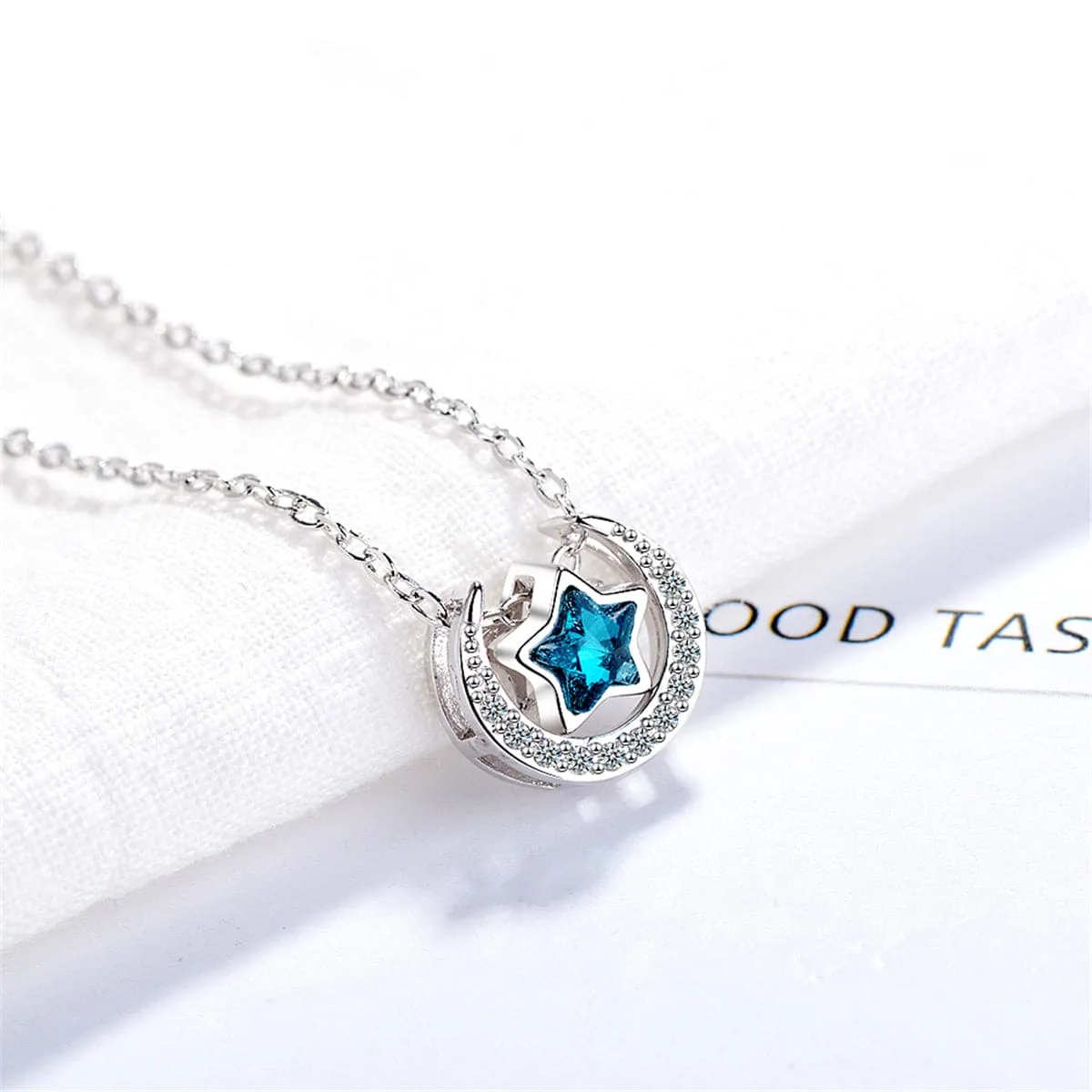Blue Crystal & Cubic Zirconia Star Above Moon Pendant Necklace