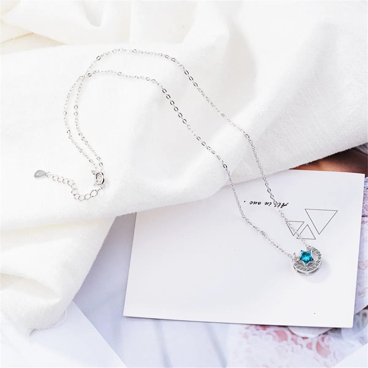 Blue Crystal & Cubic Zirconia Star Above Moon Pendant Necklace
