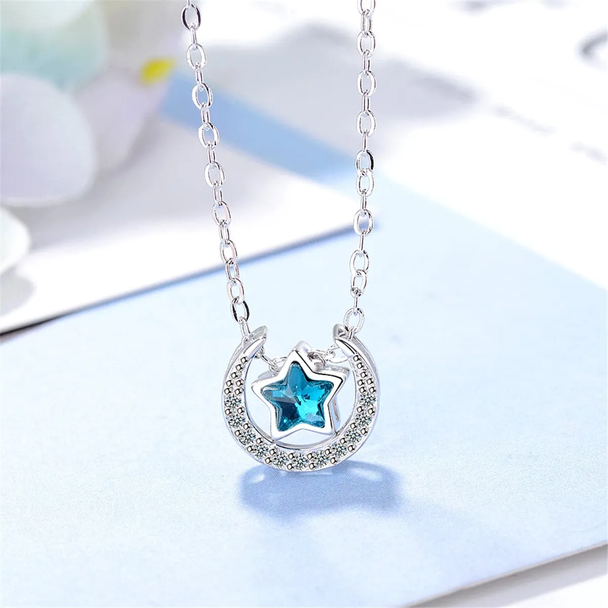 Blue Crystal & Cubic Zirconia Star Above Moon Pendant Necklace