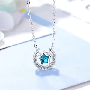 Blue Crystal & Cubic Zirconia Star Above Moon Pendant Necklace