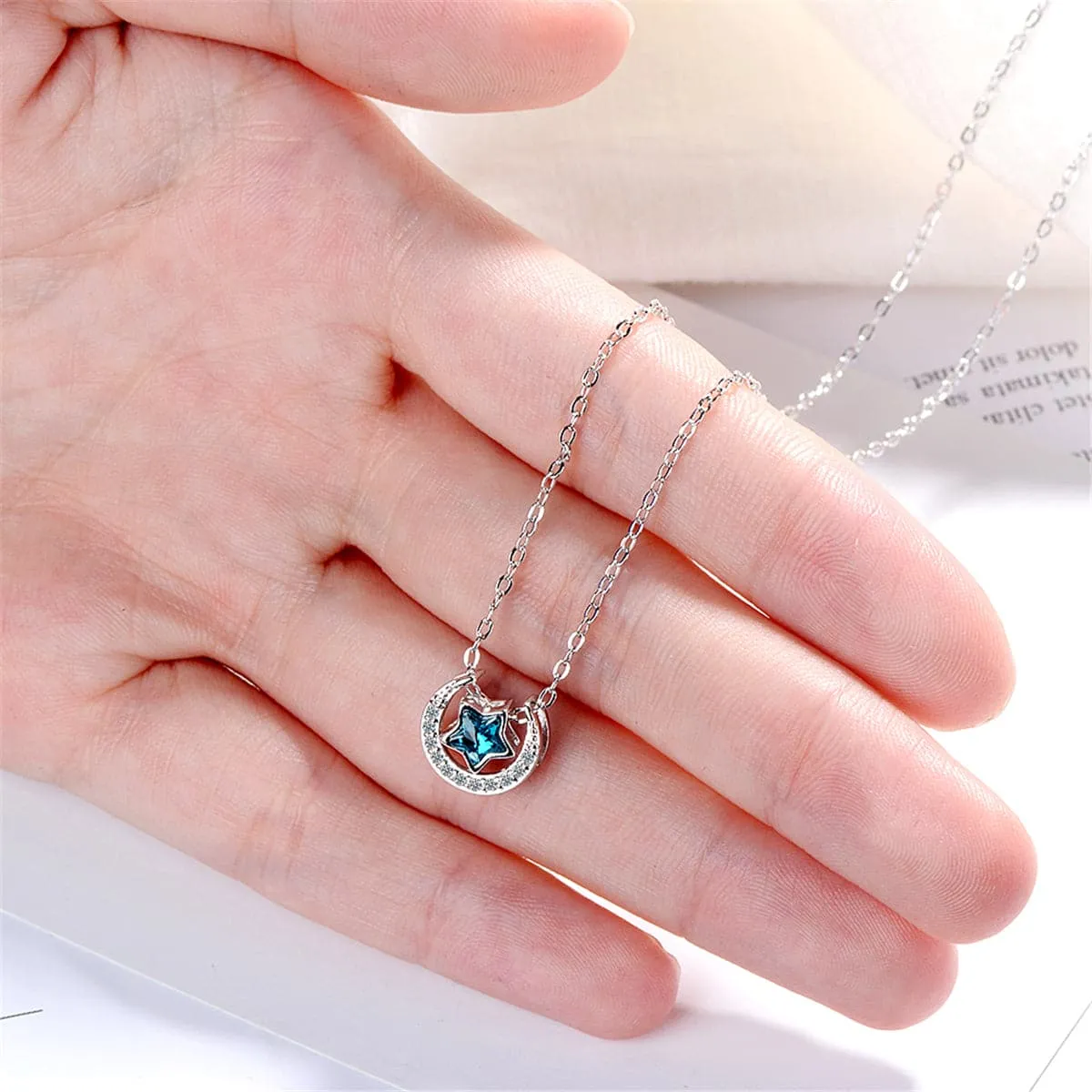 Blue Crystal & Cubic Zirconia Star Above Moon Pendant Necklace