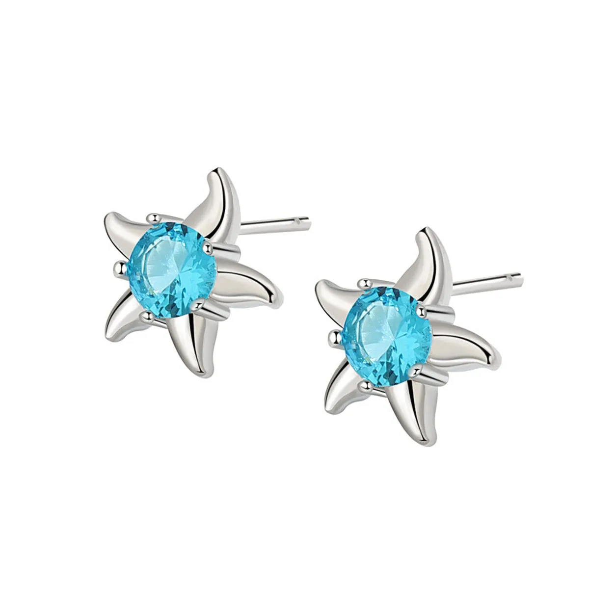 Blue Cubic Zirconia & Silver-Plated Starfish Stud Earrings