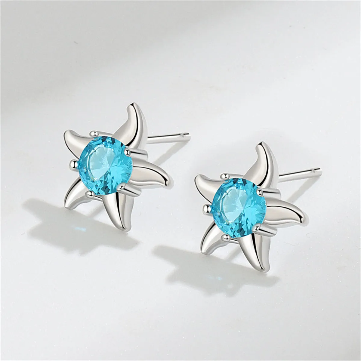 Blue Cubic Zirconia & Silver-Plated Starfish Stud Earrings