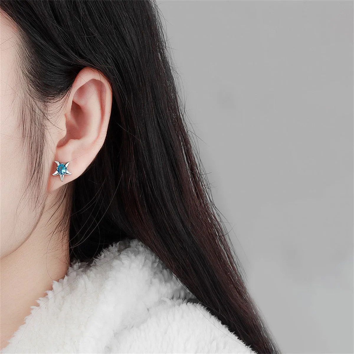 Blue Cubic Zirconia & Silver-Plated Starfish Stud Earrings