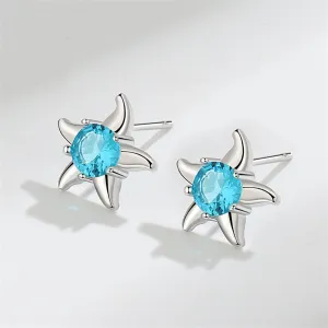 Blue Cubic Zirconia & Silver-Plated Starfish Stud Earrings