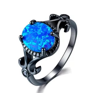 Blue Opal & Black-Plated Openwork Oval Ring