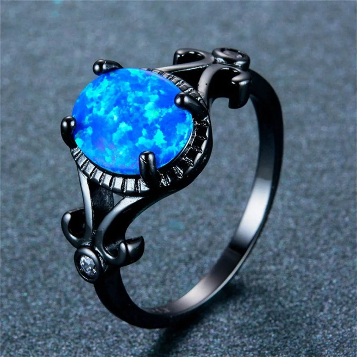 Blue Opal & Black-Plated Openwork Oval Ring