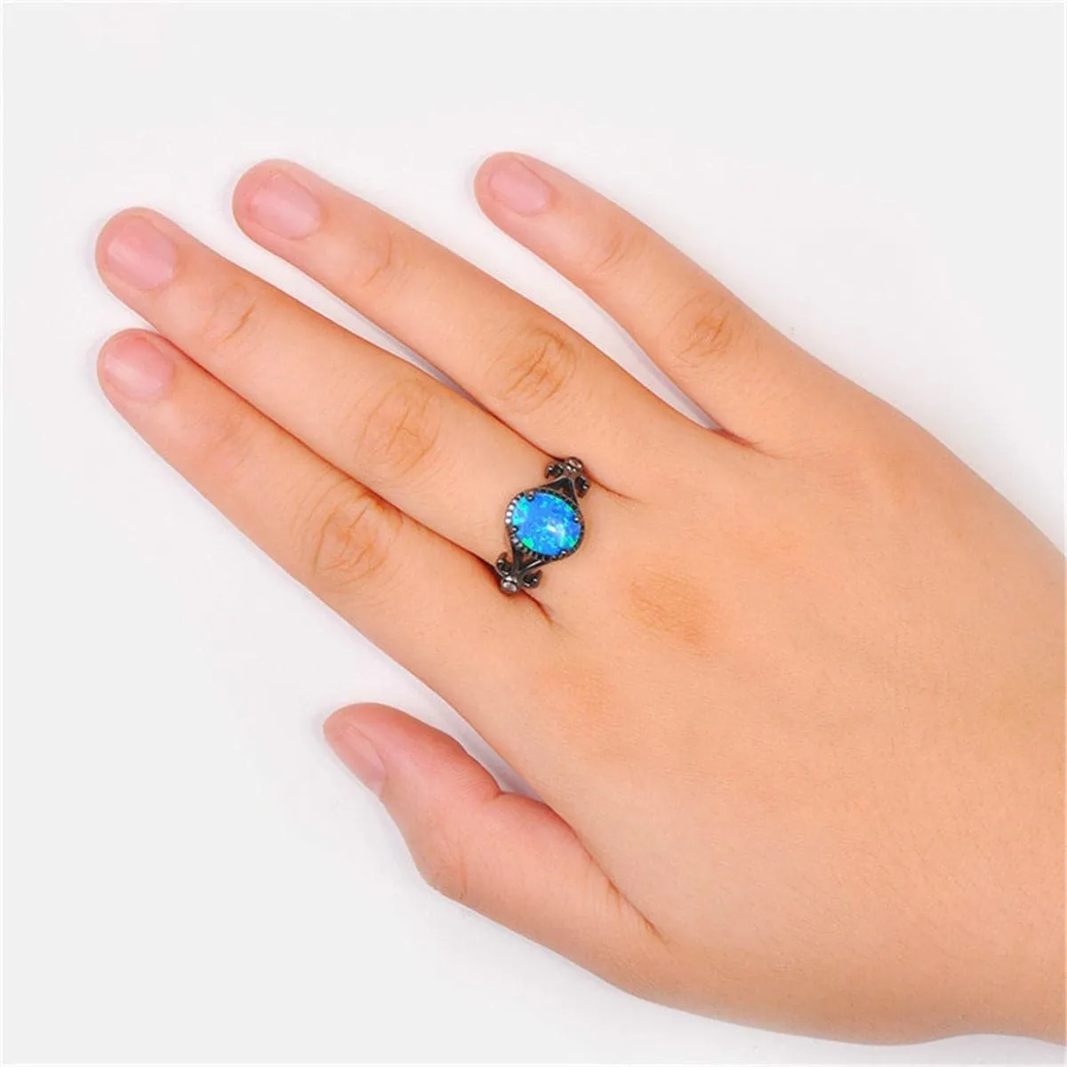Blue Opal & Black-Plated Openwork Oval Ring