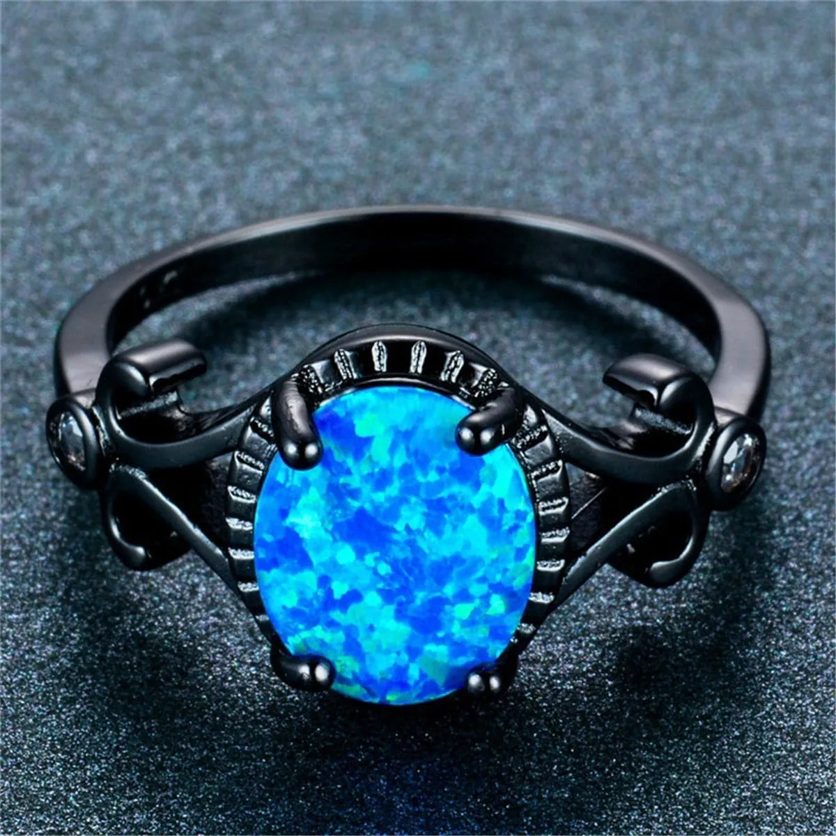 Blue Opal & Black-Plated Openwork Oval Ring