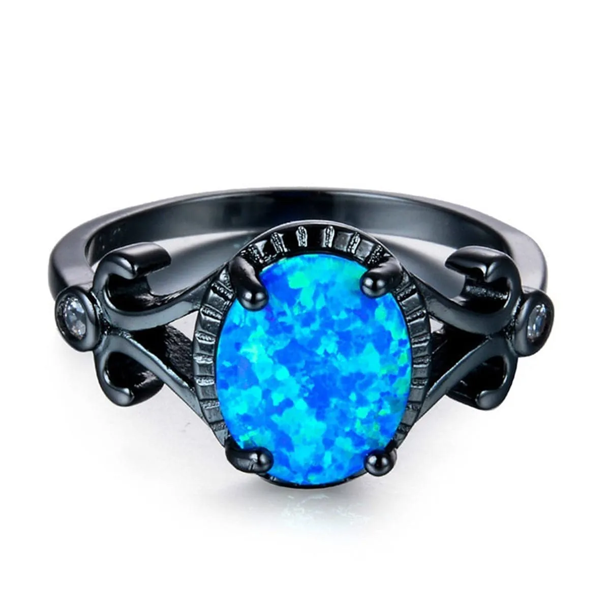 Blue Opal & Black-Plated Openwork Oval Ring