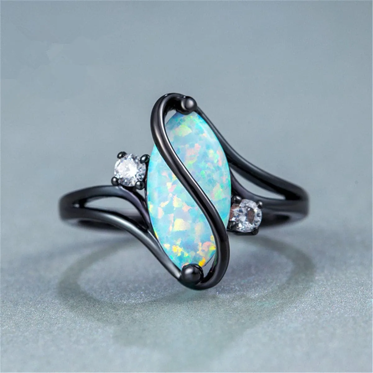 Blue Opal & Cubic Zirconia Pear-Cut Twisting Ring