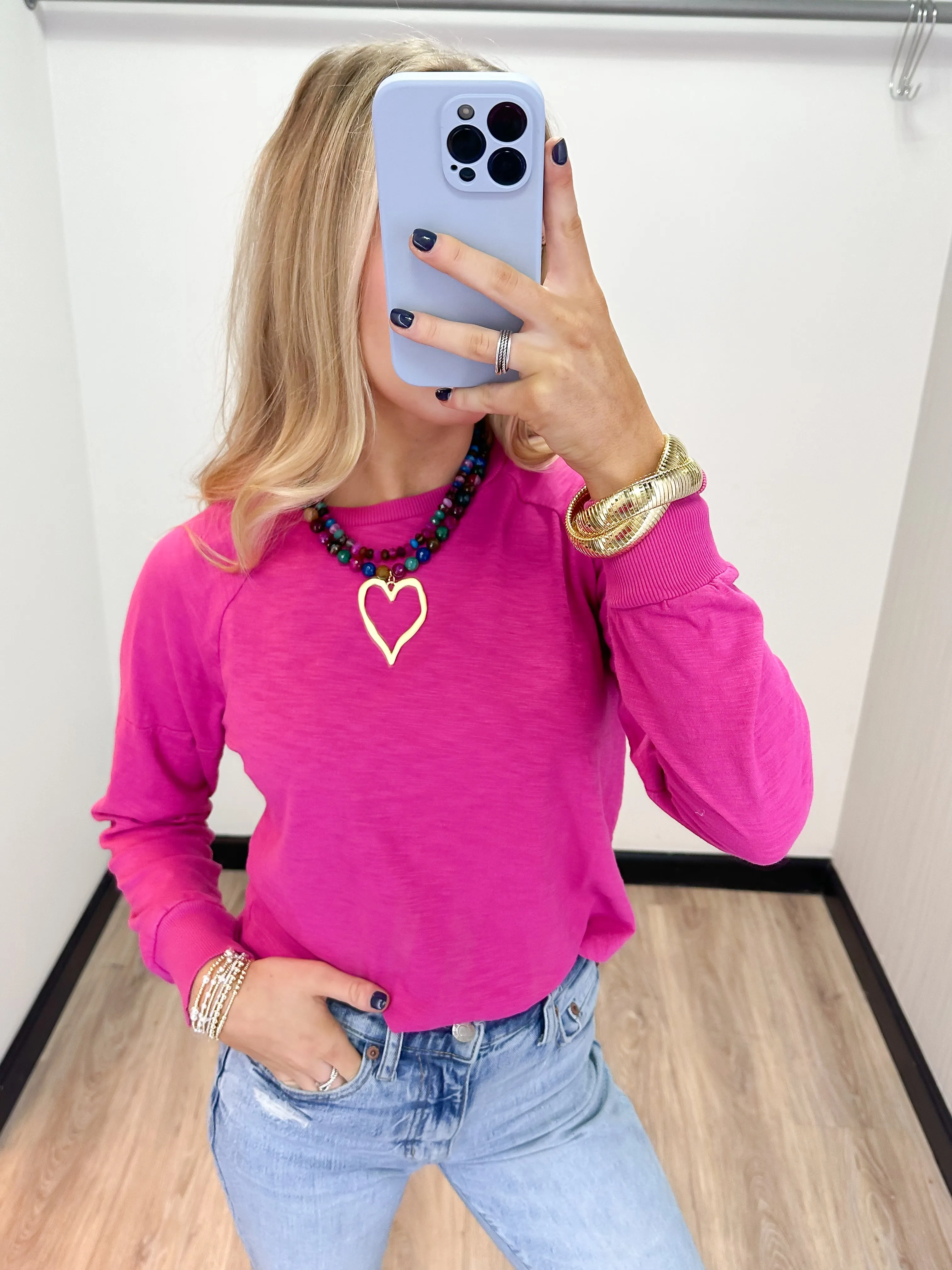 Bobi Roll L/S Raglan Seam Detail Curve Hem Tee - Pink Orchid