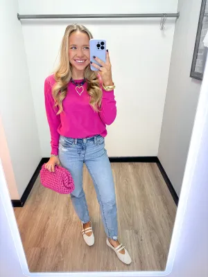 Bobi Roll L/S Raglan Seam Detail Curve Hem Tee - Pink Orchid