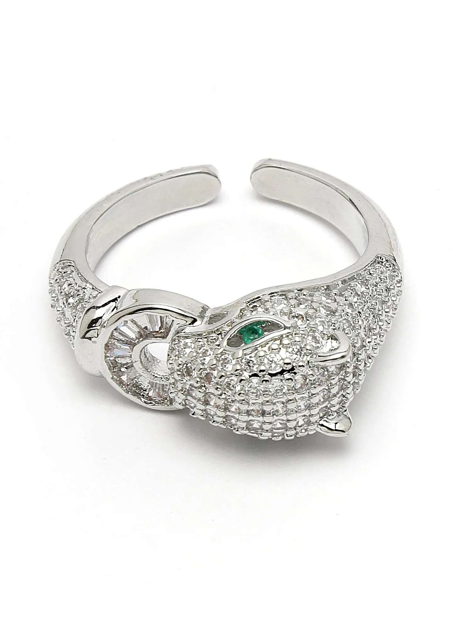 Bohey by KARATCART Silver Tone Cubic Zirconia Studded Jaguar Design Women's Finger Ring