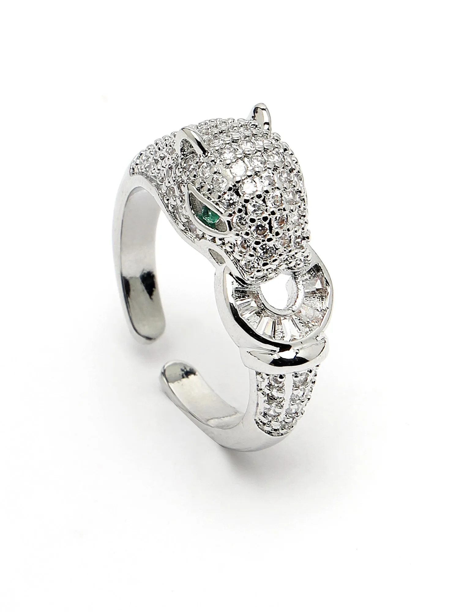 Bohey by KARATCART Silver Tone Cubic Zirconia Studded Jaguar Design Women's Finger Ring