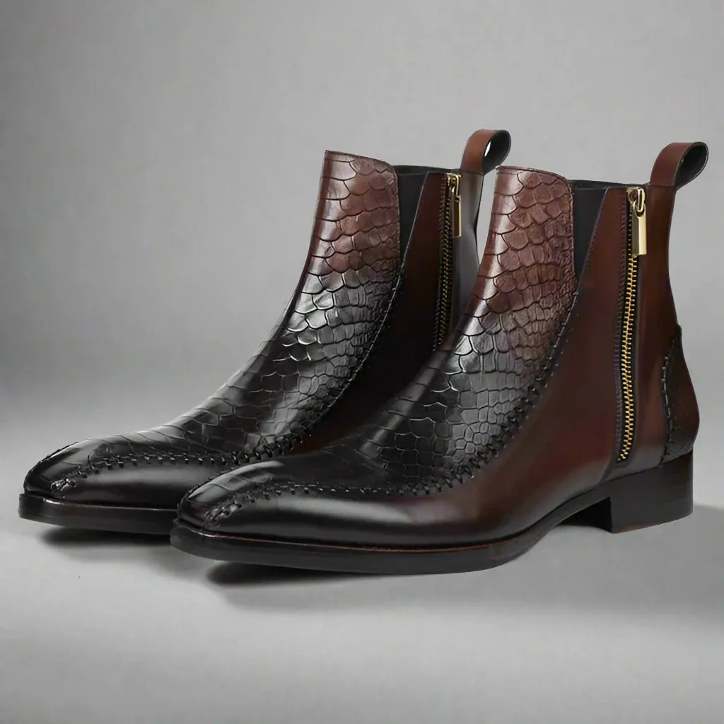 Brown Leather And Blackish Brown Croc  Draven Zipper Boots - Boots