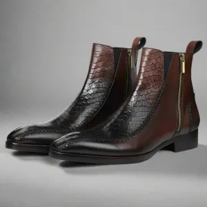 Brown Leather And Blackish Brown Croc  Draven Zipper Boots - Boots