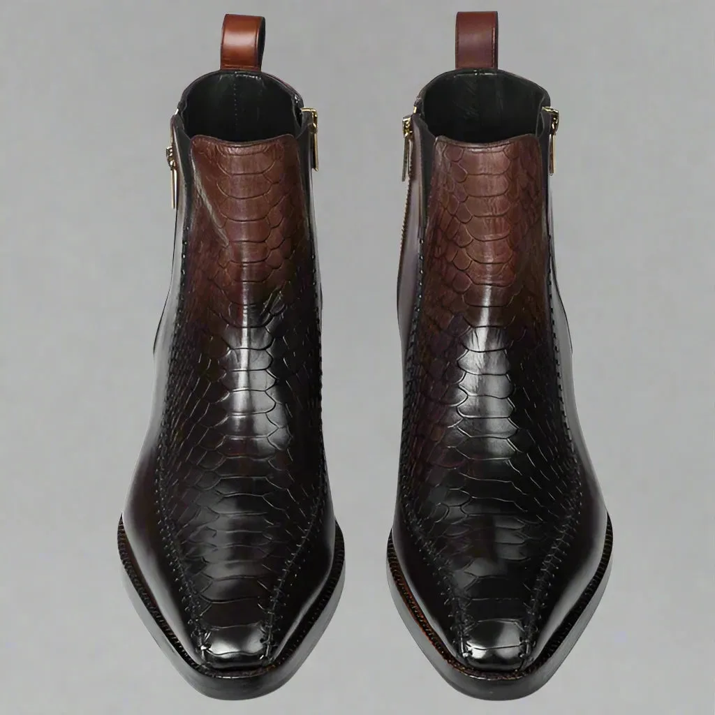 Brown Leather And Blackish Brown Croc  Draven Zipper Boots - Boots