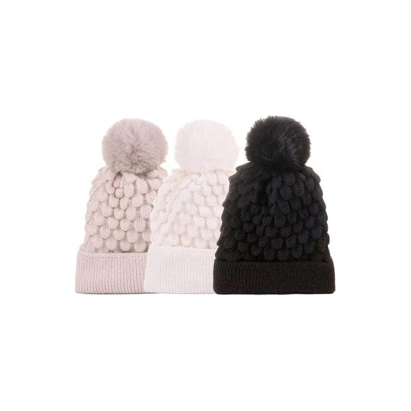 Cable Knit Pom Pom Beanie With Warm Lining