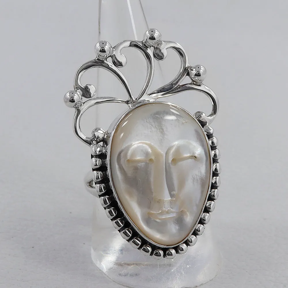 Carved Face Mother of Pearl Ring Women's Jewelry
