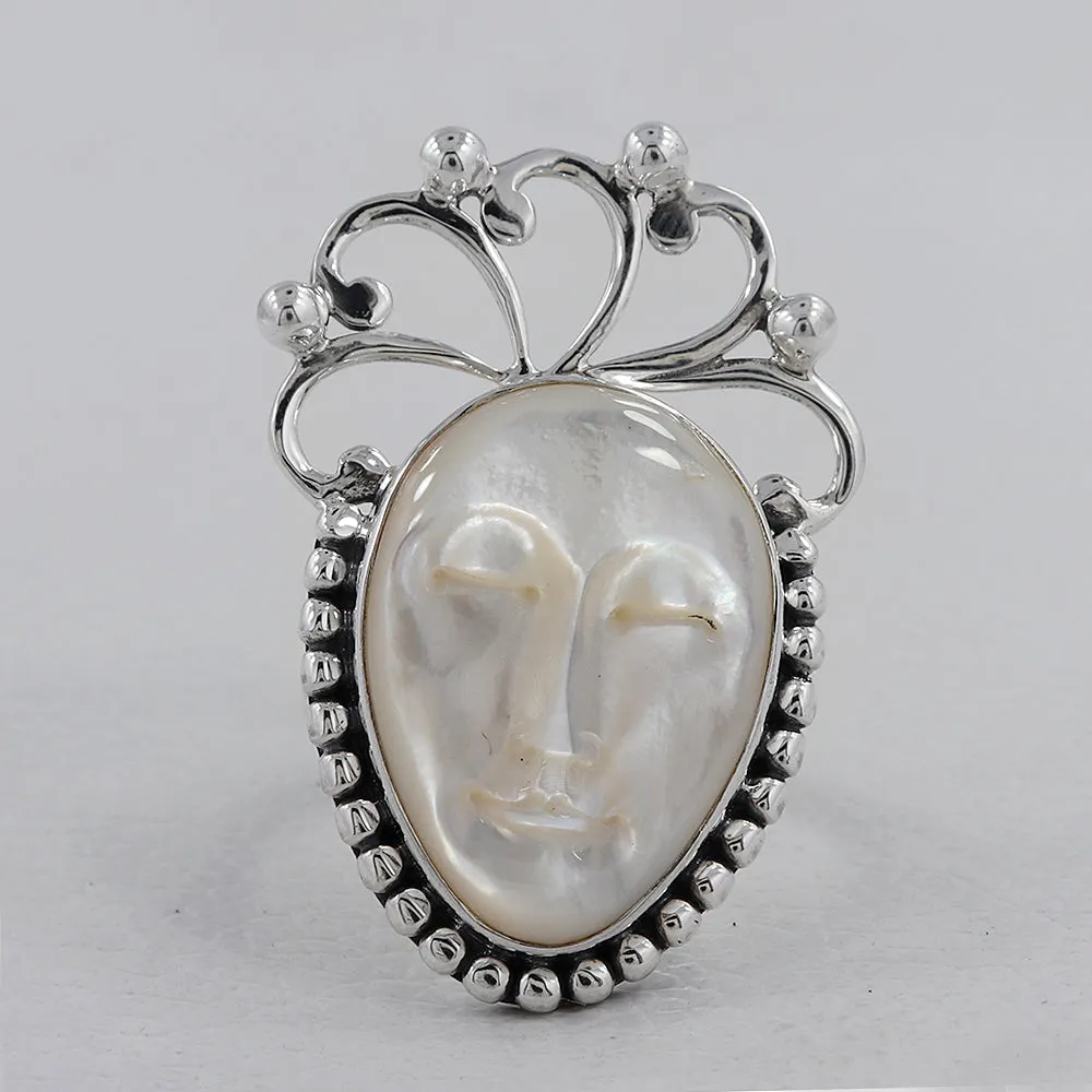 Carved Face Mother of Pearl Ring Women's Jewelry