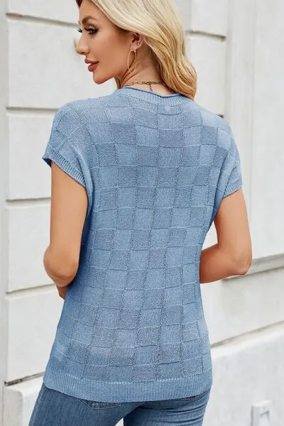 Checkered Short Sleeve Knit Top
