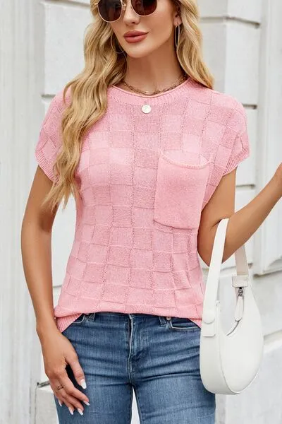 Checkered Short Sleeve Knit Top