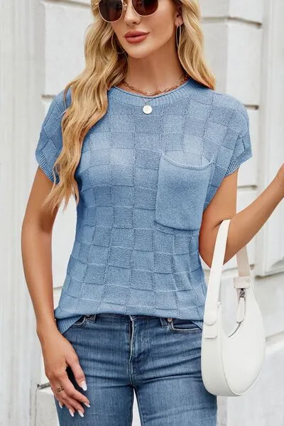 Checkered Short Sleeve Knit Top